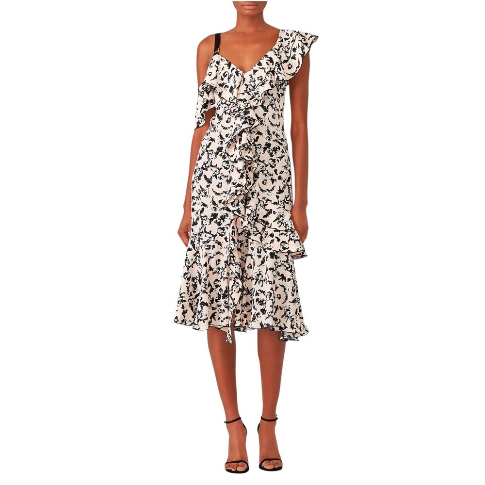 PROENZA SCHOULER Size 6 Scribble Rose Ruffle Midi Floral Asymmetrical 100% Silk